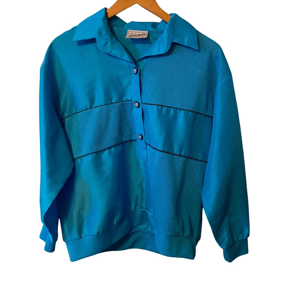 VTG Matches Sporty Pullover Teal Blue Collared Button Up Shirt